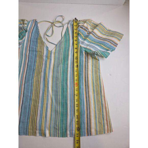 Ann Taylor Linen Blend V Neck Grren Blue Striped Blouse Top Ruffles Large - Picture 4 of 6